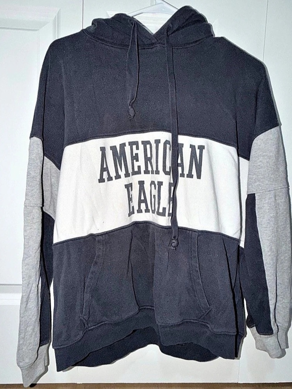 American Eagle Colorblock Pullover Hoodie in Black & Gray
